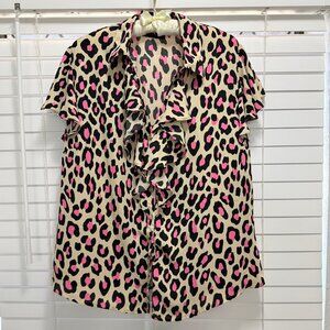 NY & Co. Women's Pink & black leopard print ruffled front/sleeve blouse: Size XL